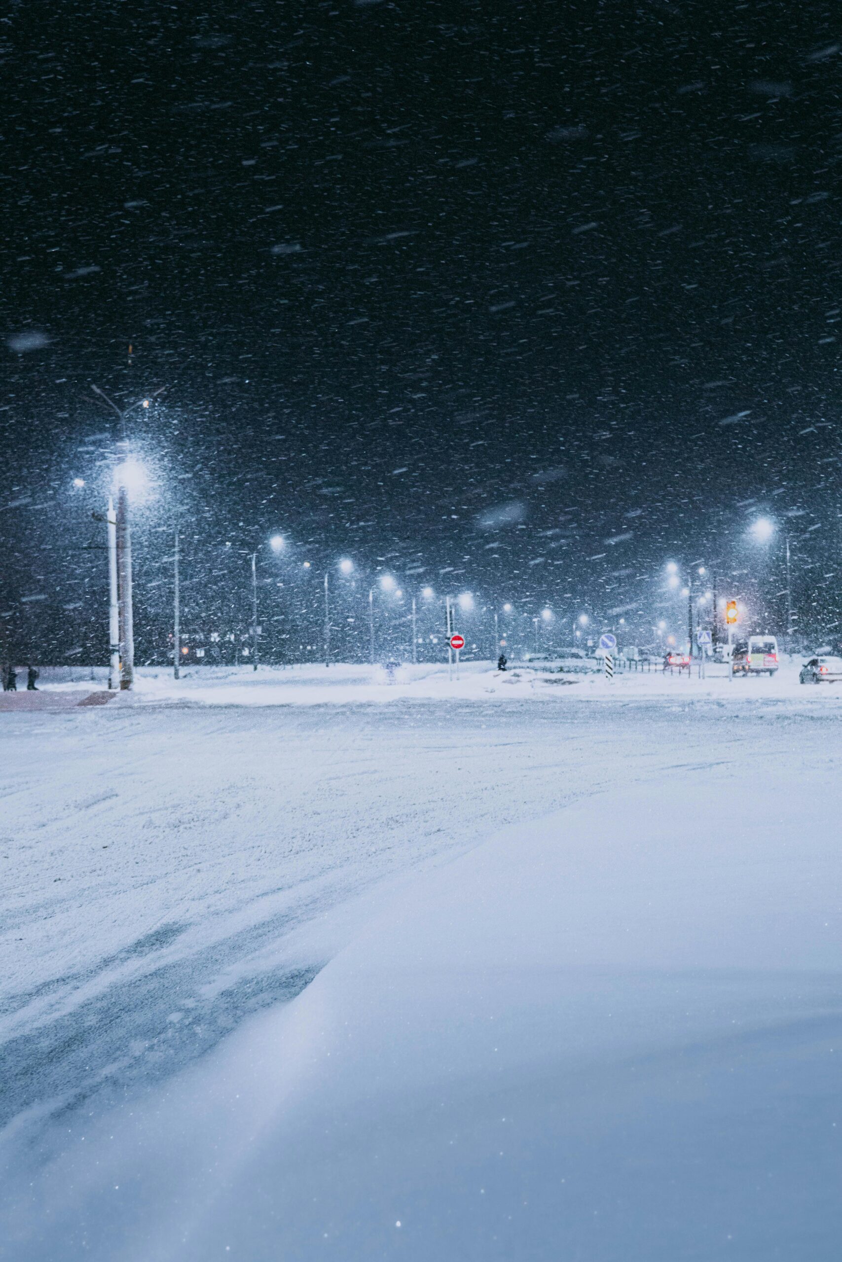 pexels-artem-balashevsky-651916235-19395658 A snowy city street at night with heavy snowfall, illuminated by streetlights and traffic signals.