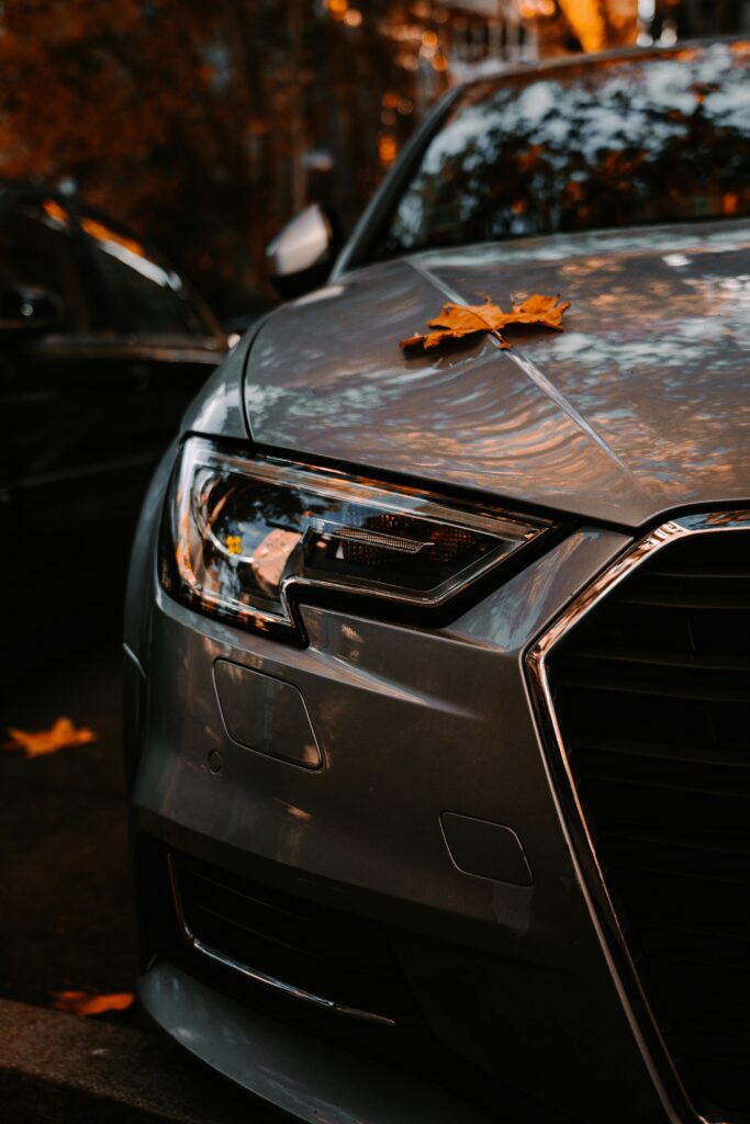 Silver car with autumn leaves on the hood, representing fall car prep for winter detailing in West Plains MO by Premier Autos Detailing